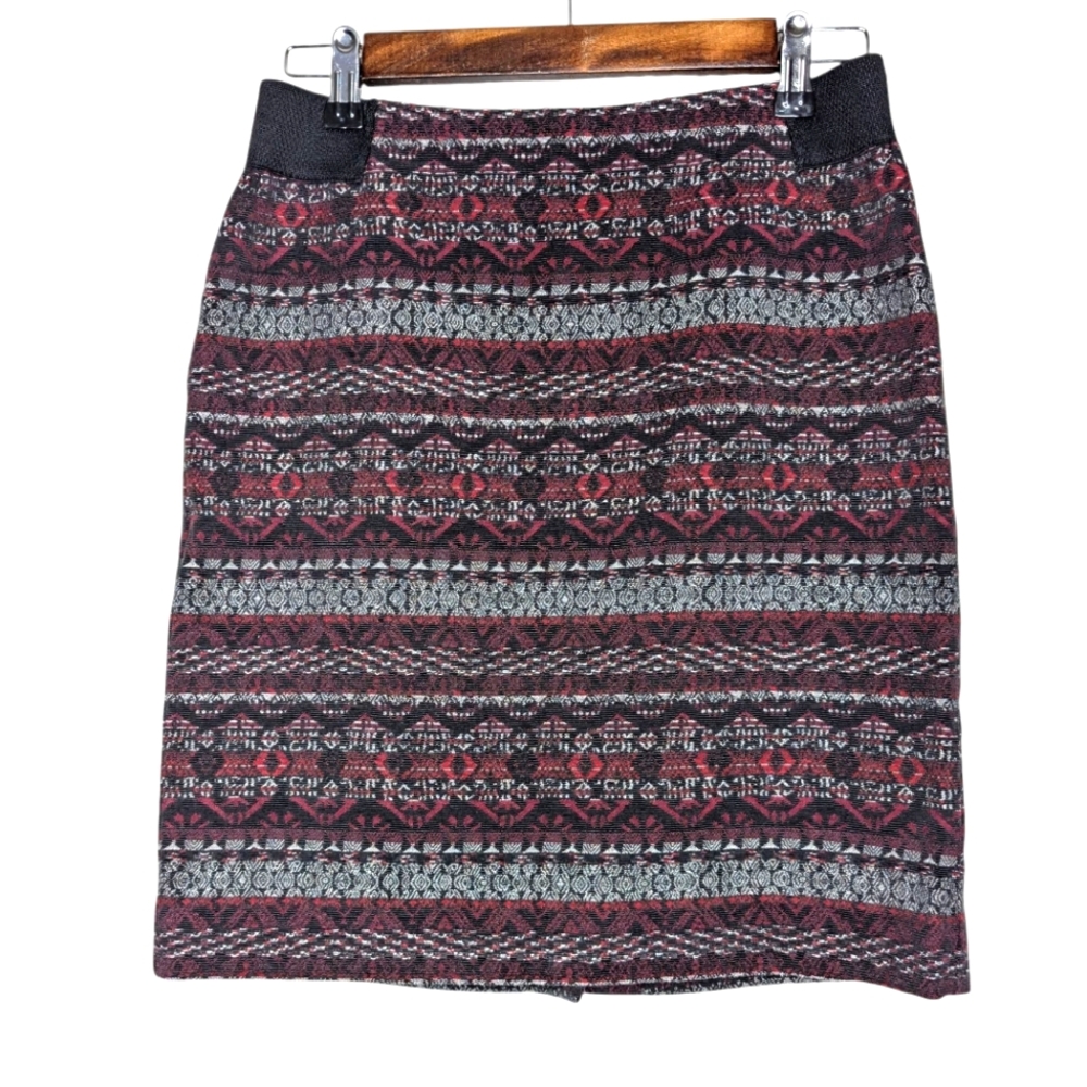 J. Jill Women's Chic Black Red Boho Aztec Knit Pattern Pencil Skirt Size XS